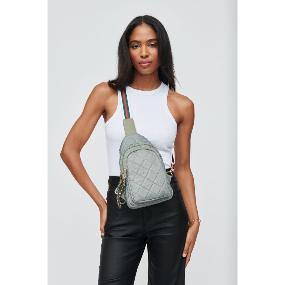Woman wearing Sage Urban Expressions Ace - Quilted Nylon Sling Backpack 840611104540 View 1 | Sage