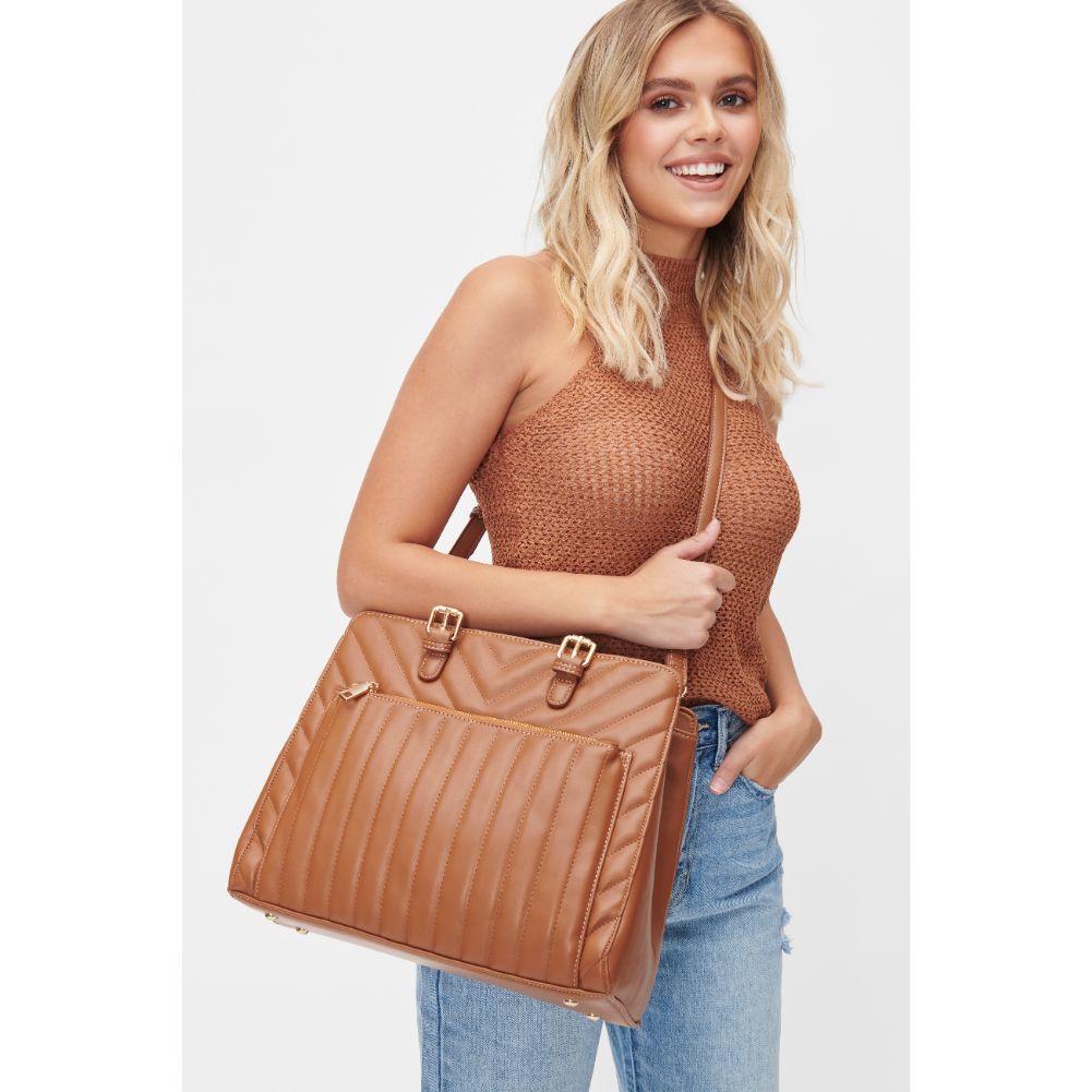 Woman wearing Tan Urban Expressions Keegan Satchel 840611101334 View 3 | Tan