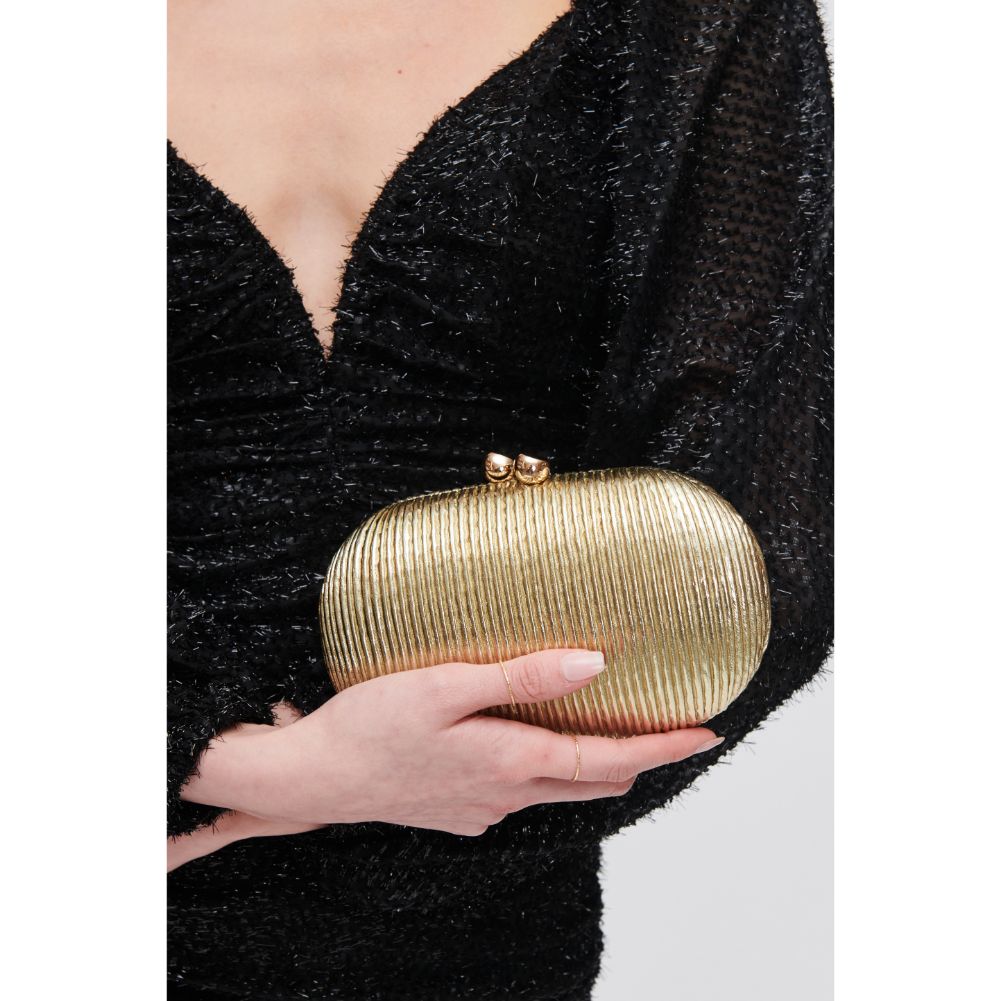 Woman wearing Gold Urban Expressions Soleil Evening Bag 840611105899 View 1 | Gold