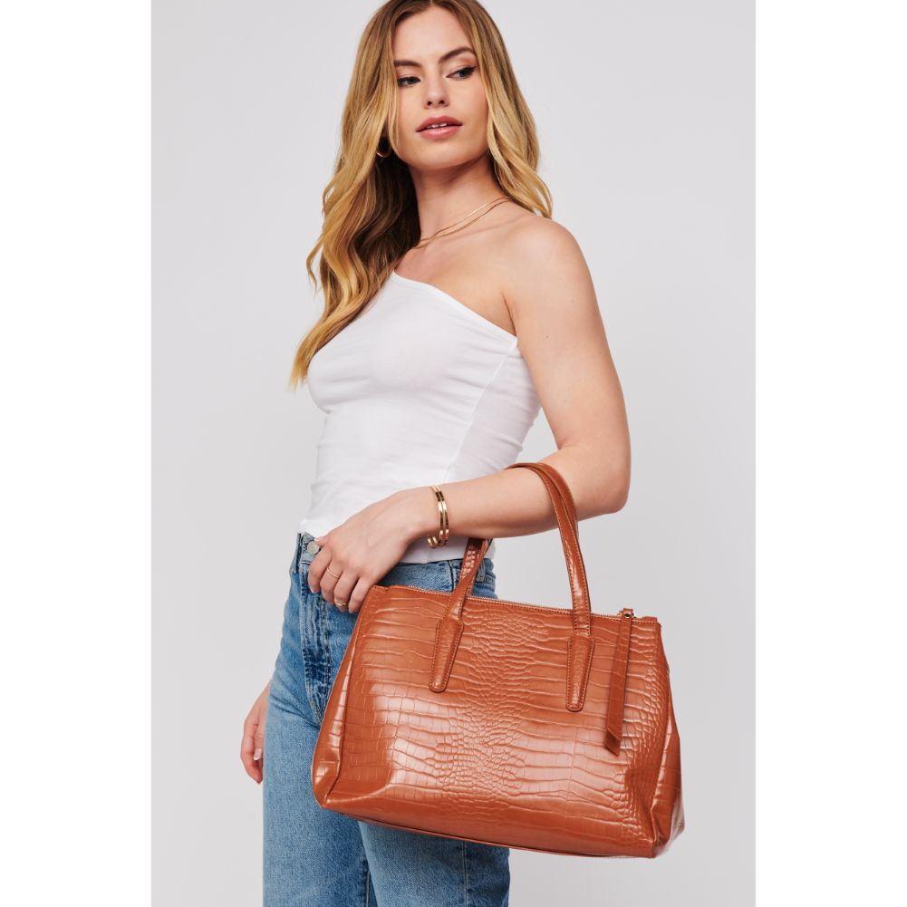 Woman wearing Tan Urban Expressions Nora Satchel 840611167354 View 2 | Tan