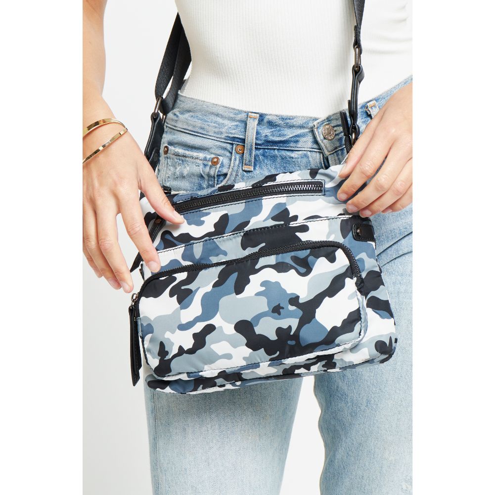 Woman wearing Blue Camo Urban Expressions Julia Crossbody 840611178411 View 4 | Blue Camo