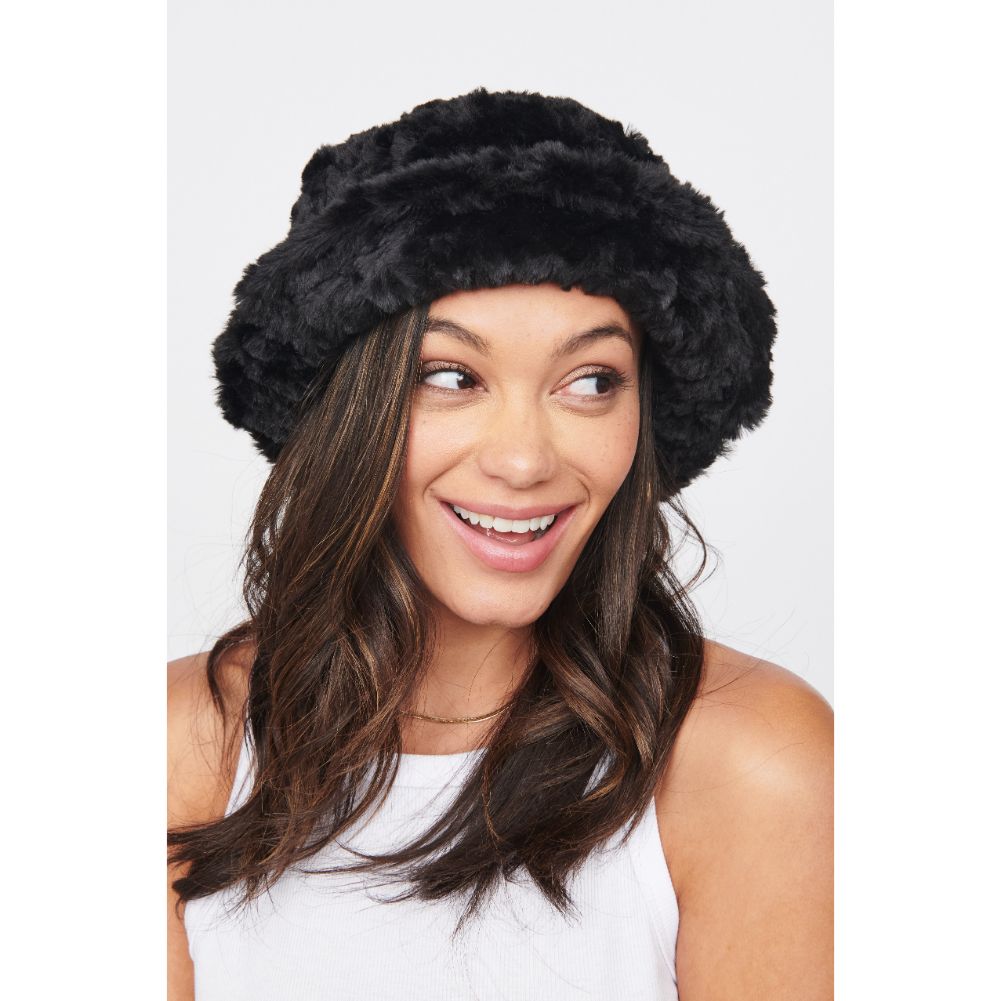 Woman wearing Black Urban Expressions Faux Fur Bucket Hat Bucket Hat 818209014618 View 1 | Black