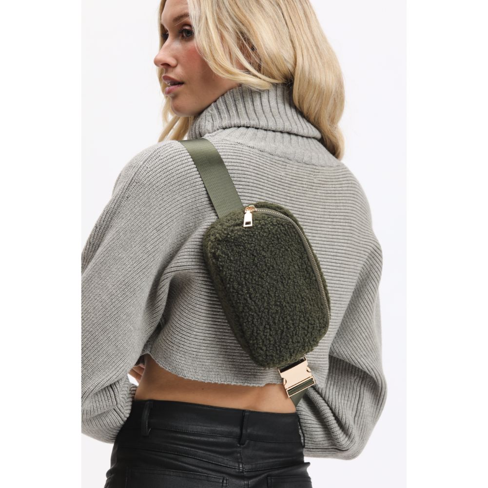 Woman wearing Olive Urban Expressions Santi Belt Bag 840611190482 View 4 | Olive