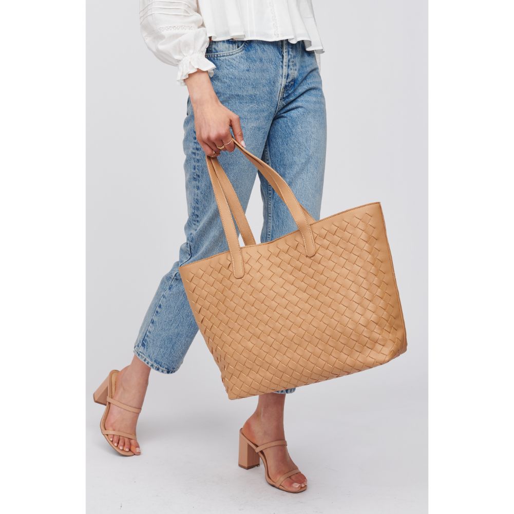 Woman wearing Camel Urban Expressions Valencia - Woven Tote 840611101631 View 2 | Camel