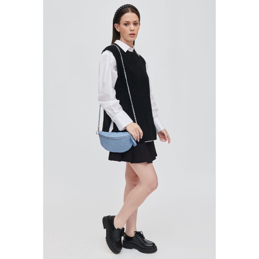 Woman wearing Denim Urban Expressions Lachlan - Quilted Belt Bag 840611113023 View 3 | Denim