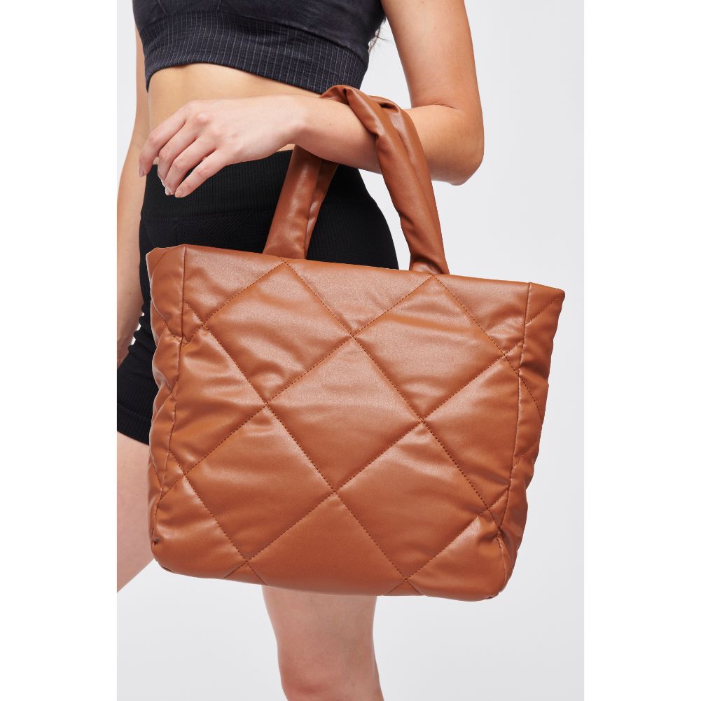 Woman wearing Tan Urban Expressions Evangeline Tote 818209010184 View 1 | Tan