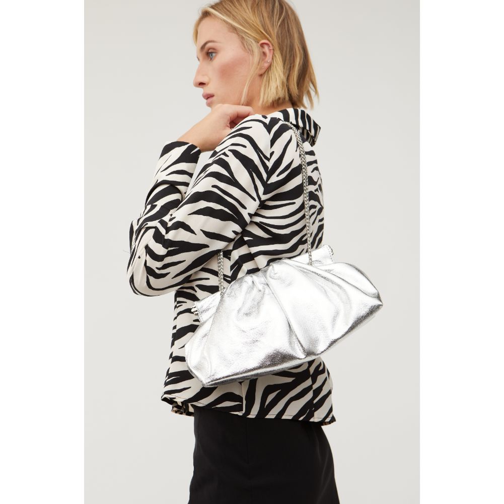 Woman wearing Shiny Silver Urban Expressions Kacey Clutch 840611128003 View 2 | Shiny Silver