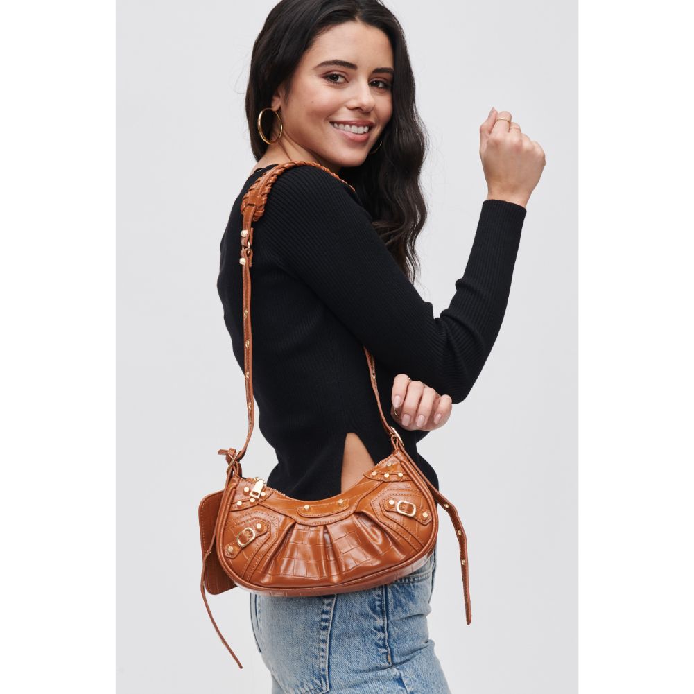 Woman wearing Tan Urban Expressions Bellatrix Crossbody 840611188489 View 1 | Tan