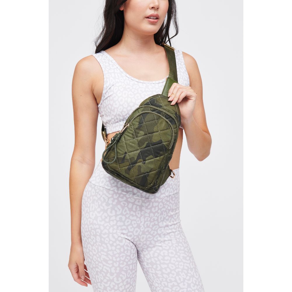 Woman wearing Dark Green Camo Urban Expressions Ace - Quilted Nylon Sling Backpack 840611184207 View 1 | Dark Green Camo