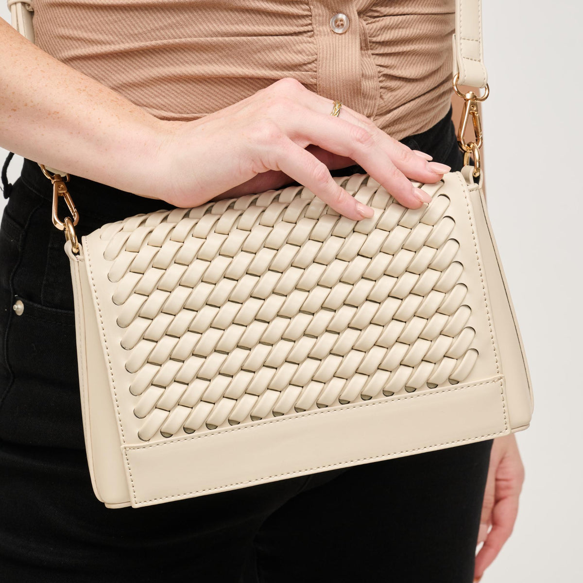 Woman wearing Oatmilk Urban Expressions Nina Crossbody 840611144539 View 4 | Oatmilk