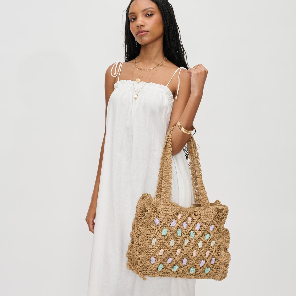 Woman wearing Natural Urban Expressions Calliope Tote 840611129352 View 3 | Natural