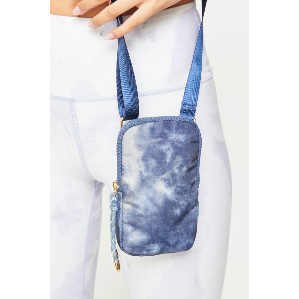 Woman wearing Blue Tie Dye Urban Expressions Tess Cell Phone Crossbody 840611177575 View 3 | Blue Tie Dye