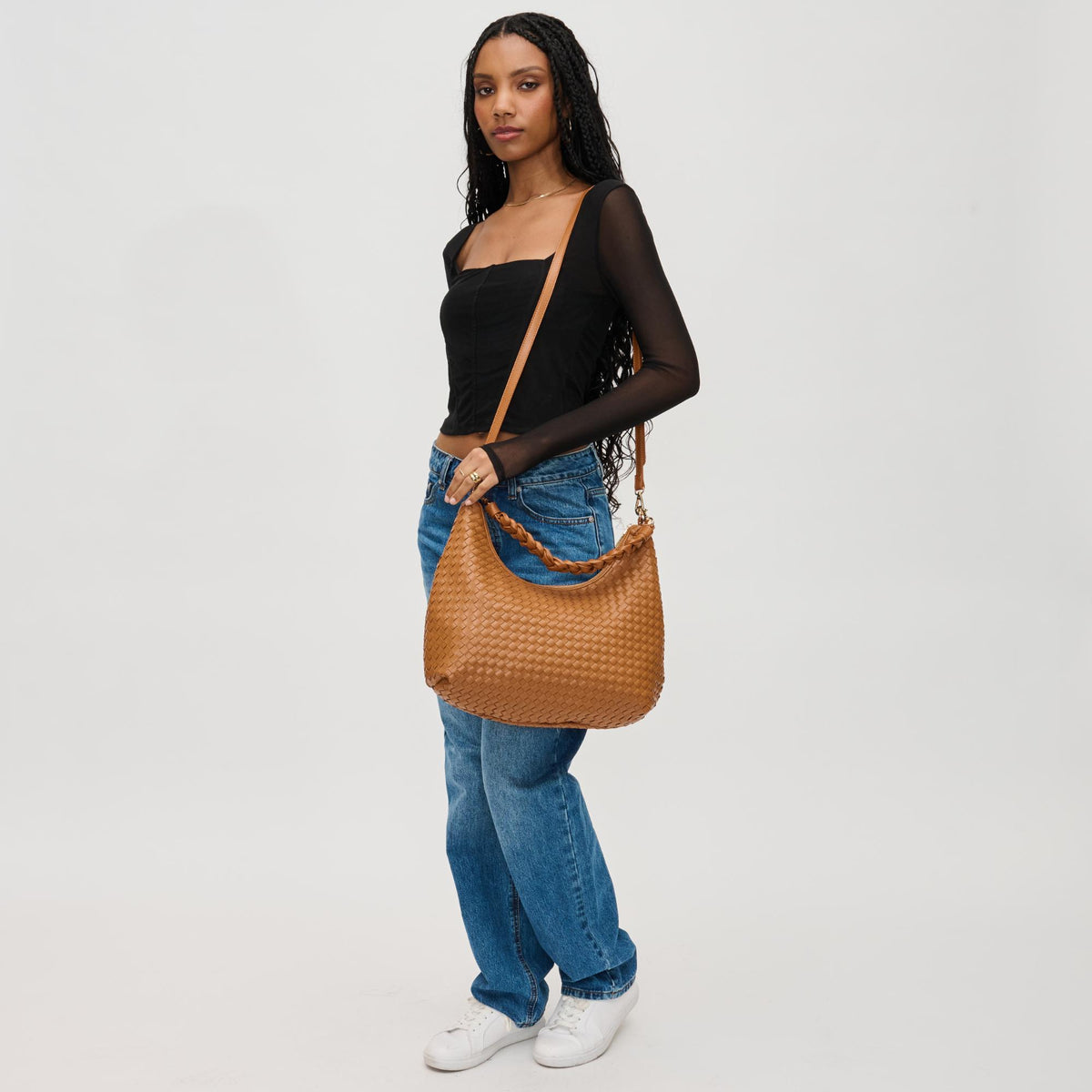 Woman wearing Tan Urban Expressions Sabrina Hobo 840611126207 View 4 | Tan