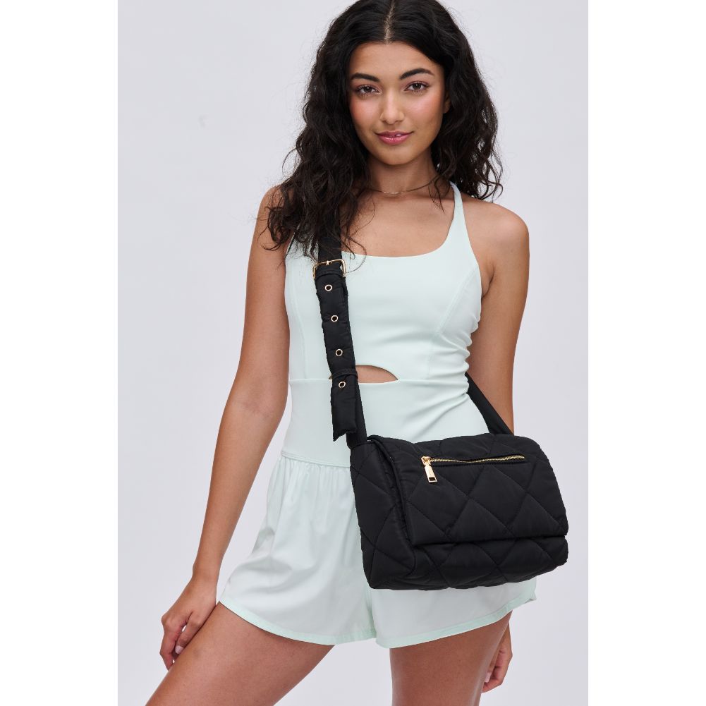 Woman wearing Black Urban Expressions Carson - Quilted Nylon Crossbody 840611114488 View 2 | Black