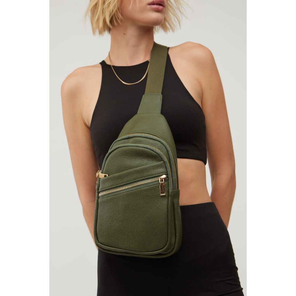 Woman wearing Olive Urban Expressions Zephyr Sling Backpack 840611116246 View 1 | Olive