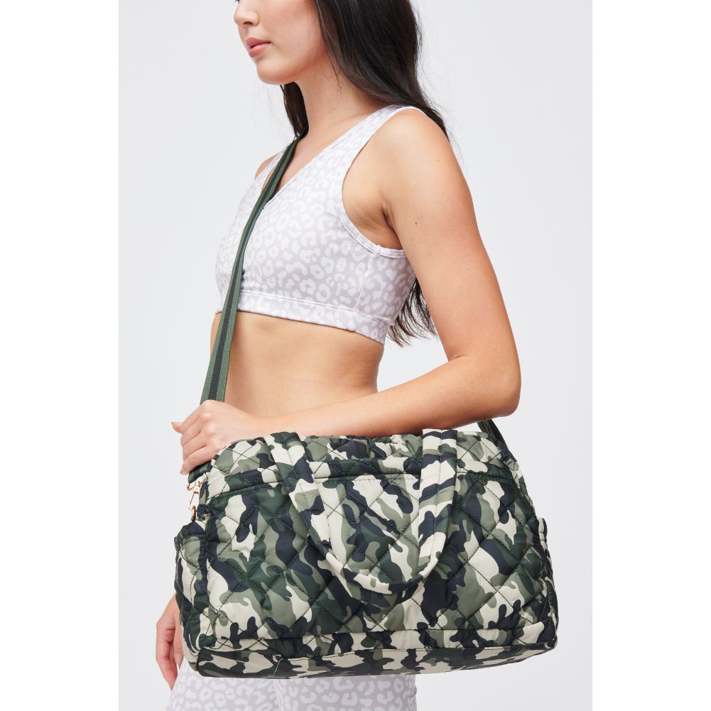 Woman wearing Green Camo Urban Expressions Spencer - Quilted Nylon Weekender 840611184276 View 2 | Green Camo