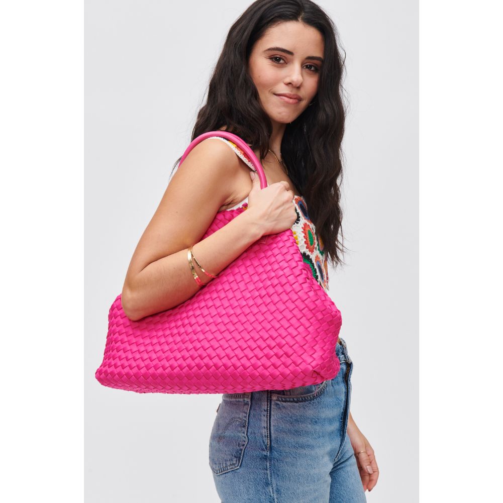 Woman wearing Magenta Urban Expressions Ithaca - Woven Neoprene Tote 840611107879 View 1 | Magenta