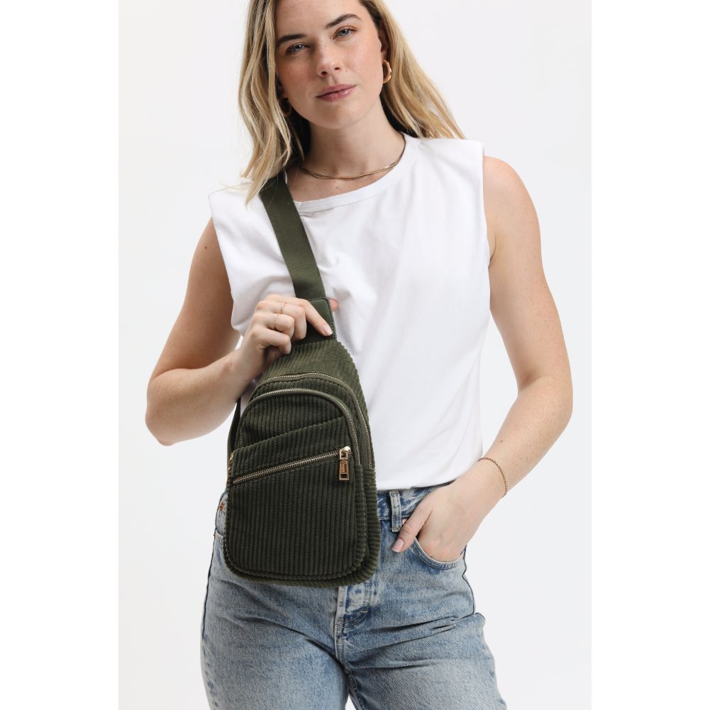 Woman wearing Olive Urban Expressions Zephyr - Corduroy Sling Backpack 840611116529 View 1 | Olive