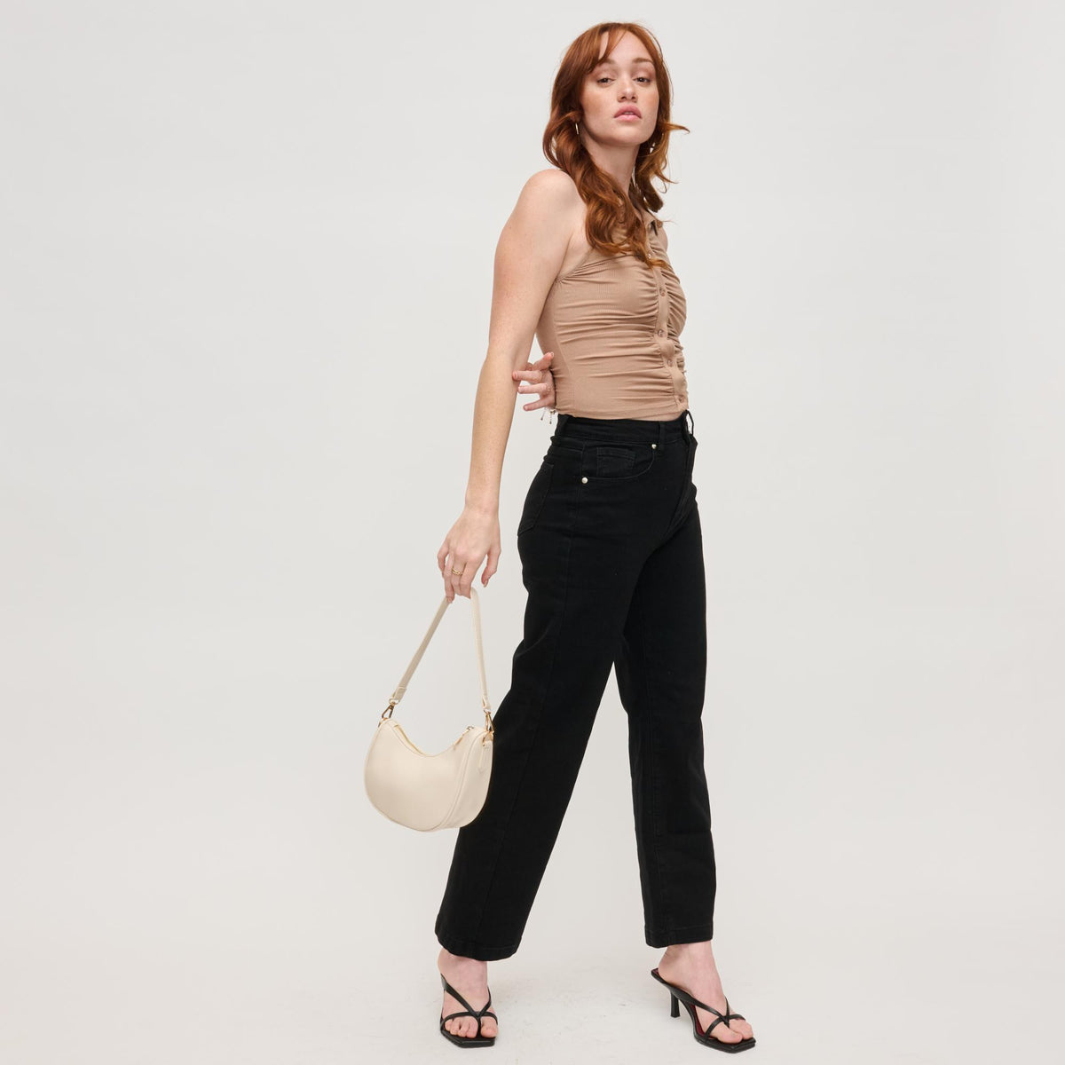 Woman wearing Oatmilk Urban Expressions Mila Crossbody 840611154309 View 3 | Oatmilk