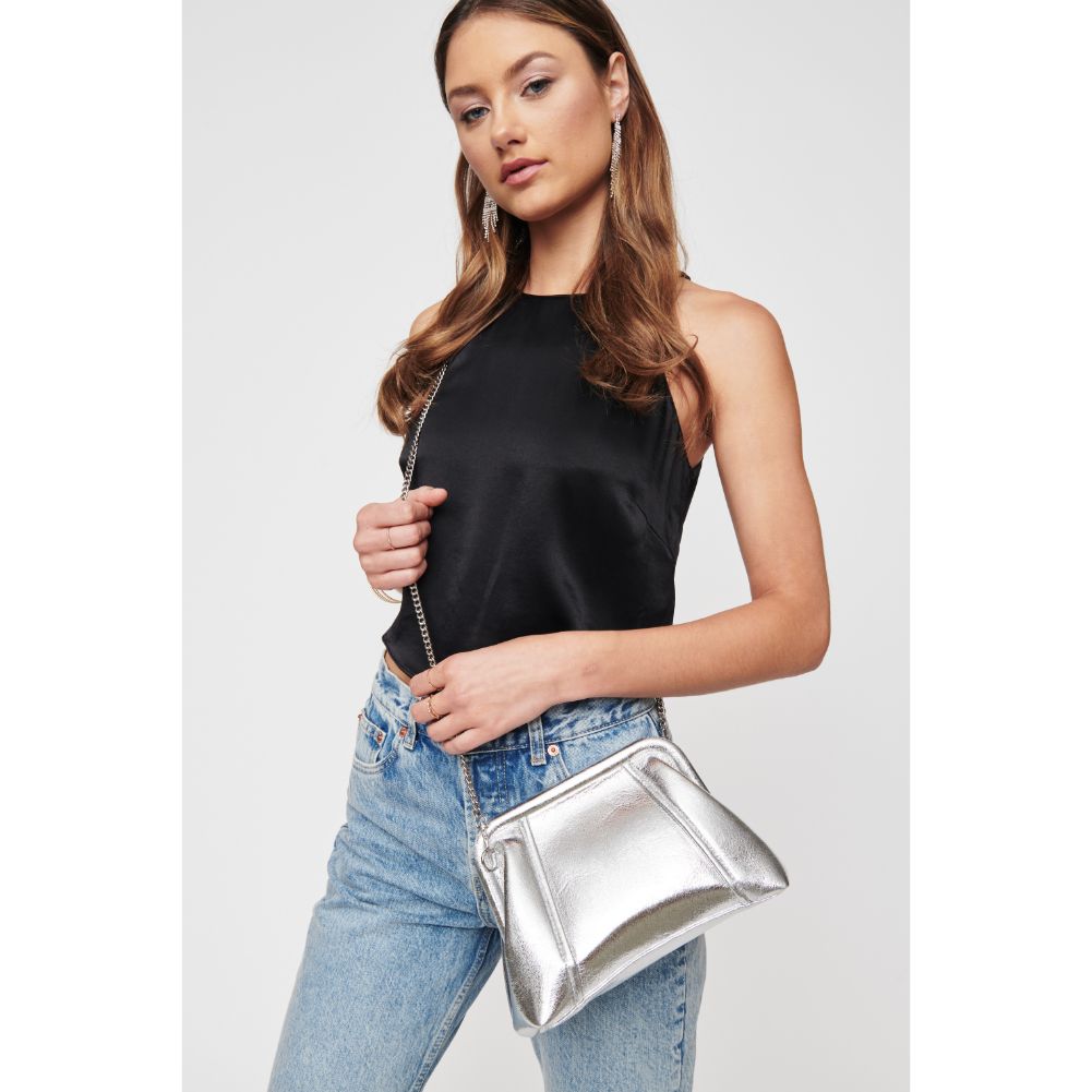 Woman wearing Silver Urban Expressions Agatha Metallic Clutch 840611103581 View 1 | Silver