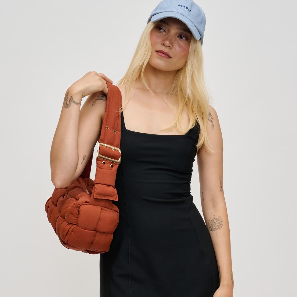 Woman wearing Rust Urban Expressions Brett Shoulder Bag 840611193452 View 3 | Rust