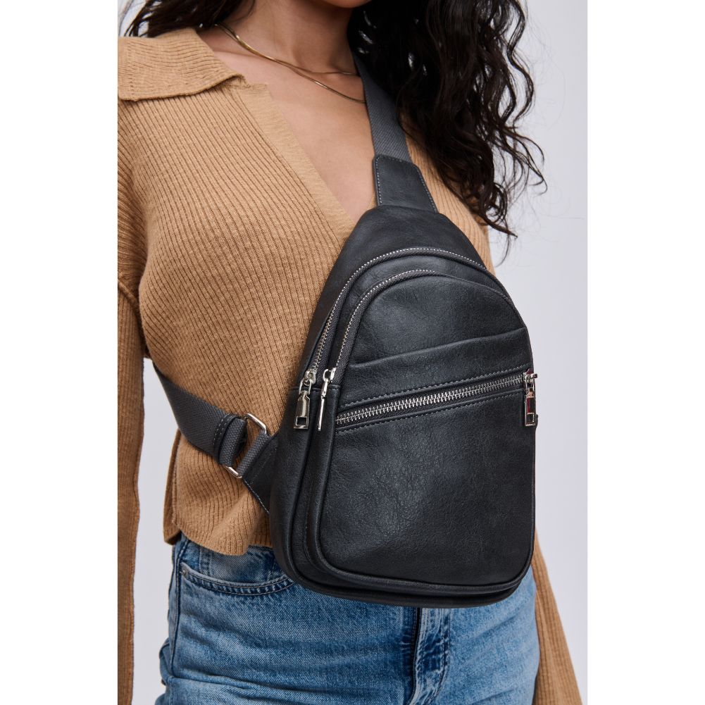 Woman wearing Charcoal Urban Expressions Zephyr Sling Backpack 840611109668 View 4 | Charcoal