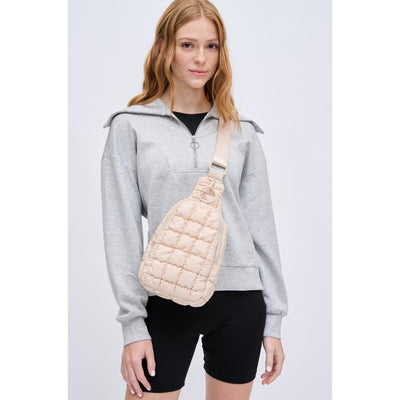 Woman wearing Cream Urban Expressions Bristol Sling Backpack 840611128324 View 1 | Cream