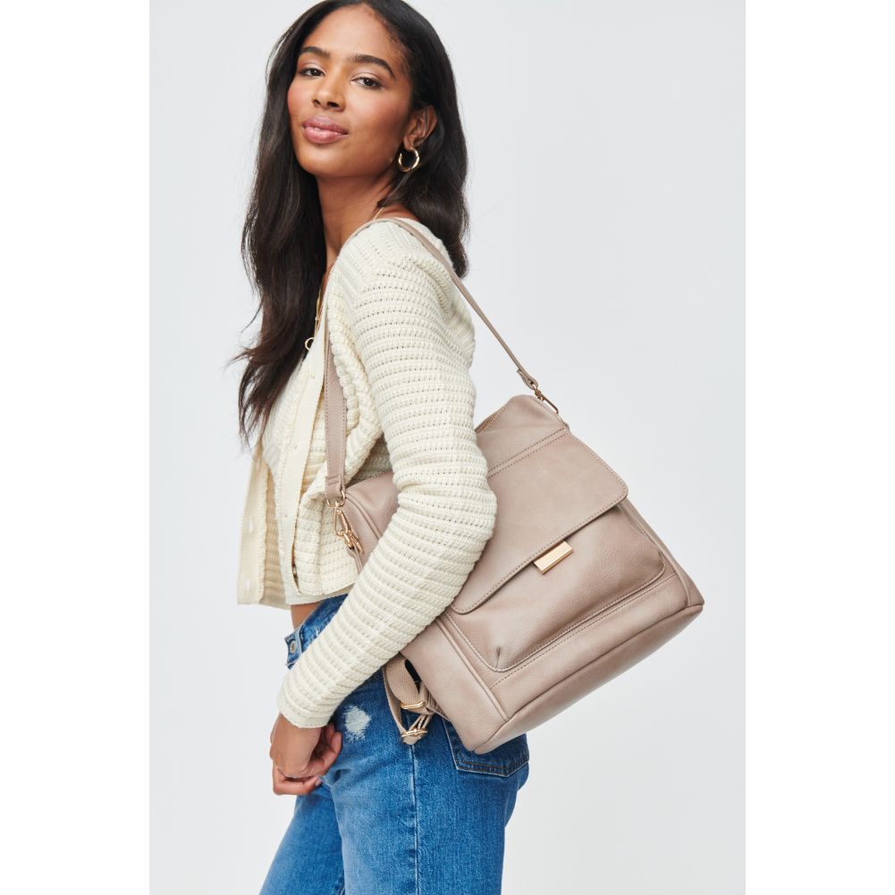 Woman wearing Taupe Urban Expressions Caroline Backpack 840611103512 View 3 | Taupe