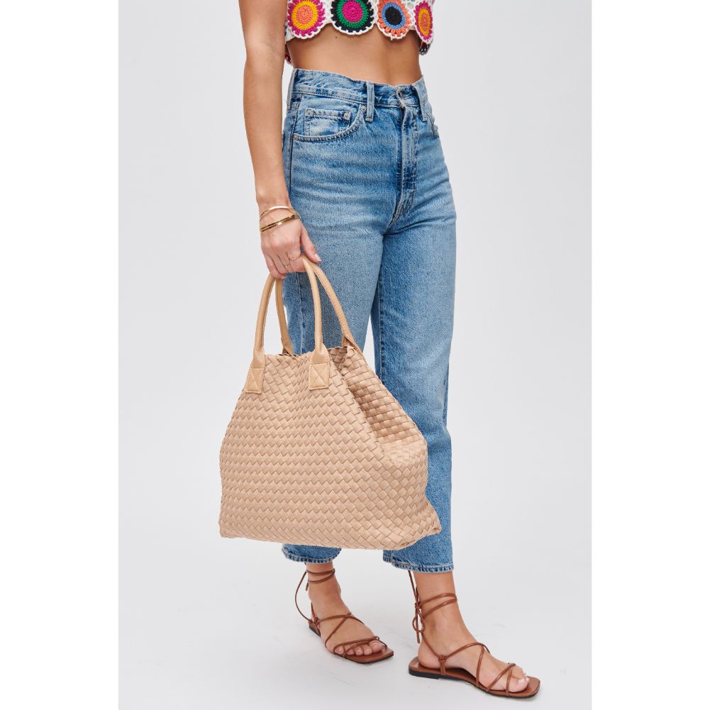 Woman wearing Natural Urban Expressions Ithaca - Woven Neoprene Tote 840611107886 View 3 | Natural