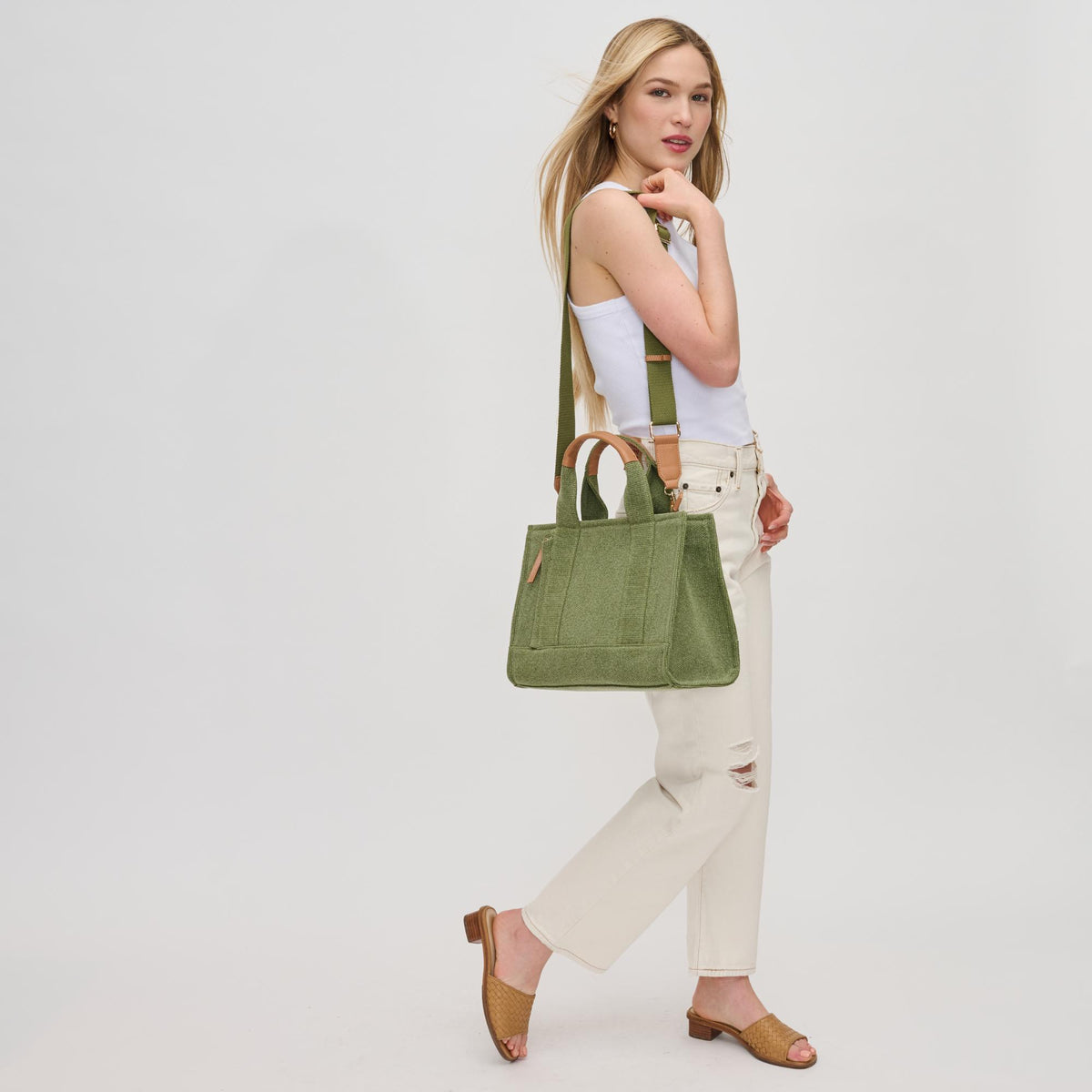 Woman wearing Sage Urban Expressions Alana Satchel 840611121950 View 2 | Sage