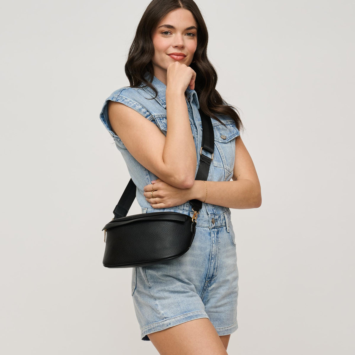 Woman wearing Black Urban Expressions Laney Belt Bag 840611146489 View 3 | Black