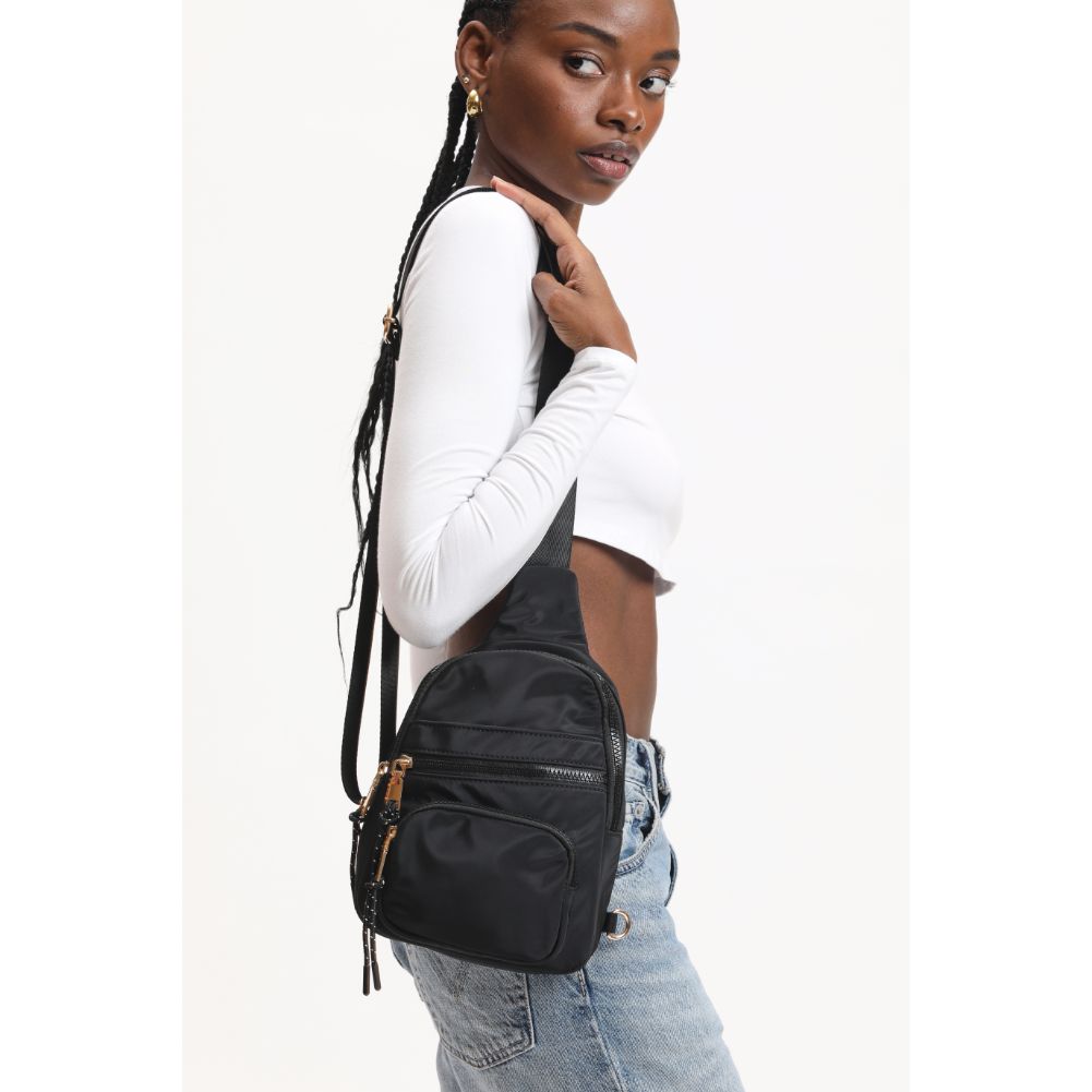 Woman wearing Black Urban Expressions Sid Sling Backpack 840611120663 View 2 | Black