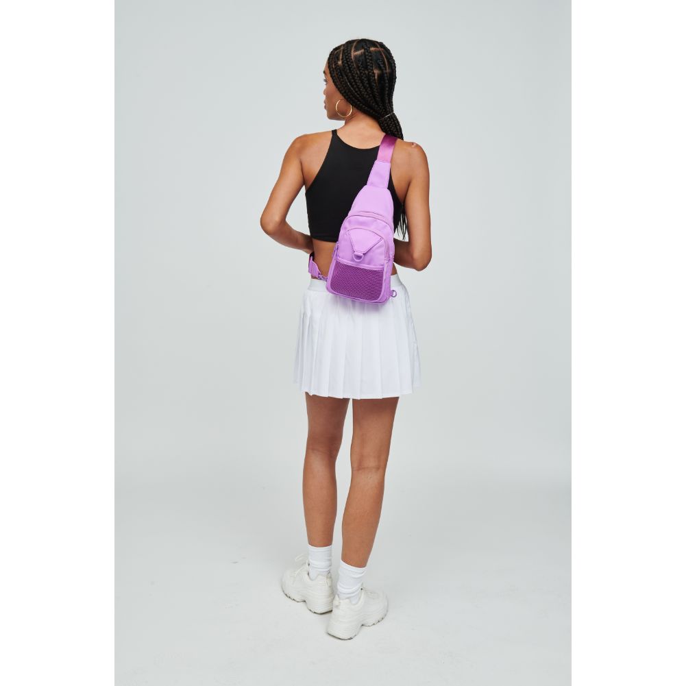 Woman wearing Lilac Urban Expressions Walker - Nylon Sling Backpack 840611110961 View 4 | Lilac