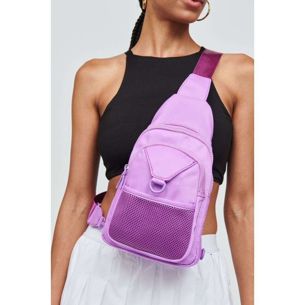 Woman wearing Lilac Urban Expressions Walker - Nylon Sling Backpack 840611110961 View 1 | Lilac