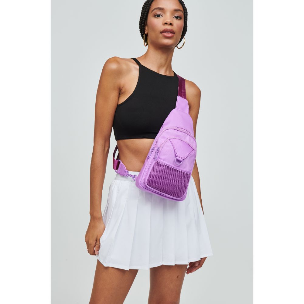 Woman wearing Lilac Urban Expressions Walker - Nylon Sling Backpack 840611110961 View 2 | Lilac