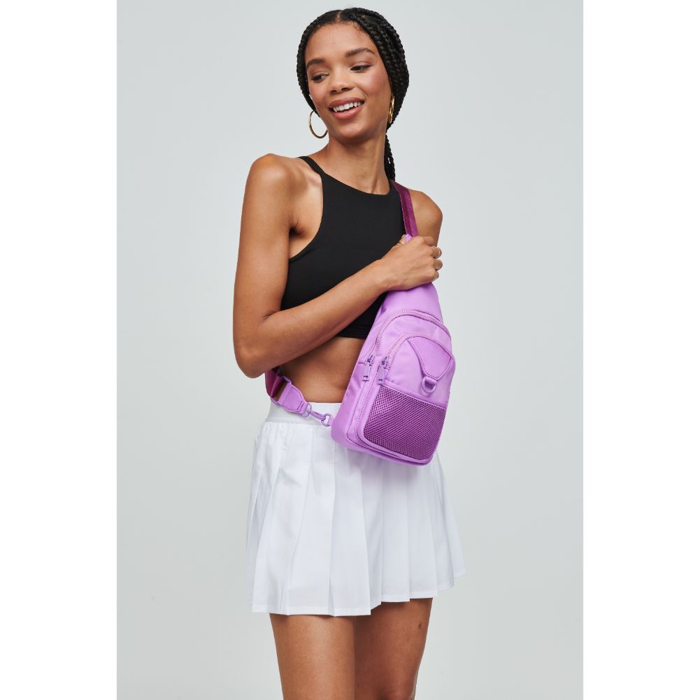 Woman wearing Lilac Urban Expressions Walker - Nylon Sling Backpack 840611110961 View 3 | Lilac